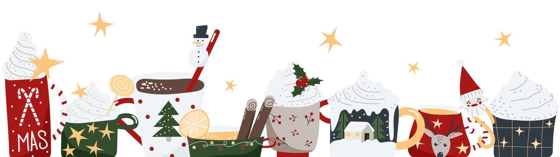 Christmas and New Year cacao, tea, coffee cups horizontal panoramic banner with decorations, stars, holly, santa head, dry orange, cinnamon, whipped cream, noel tree, snowman and snowflakes. vector