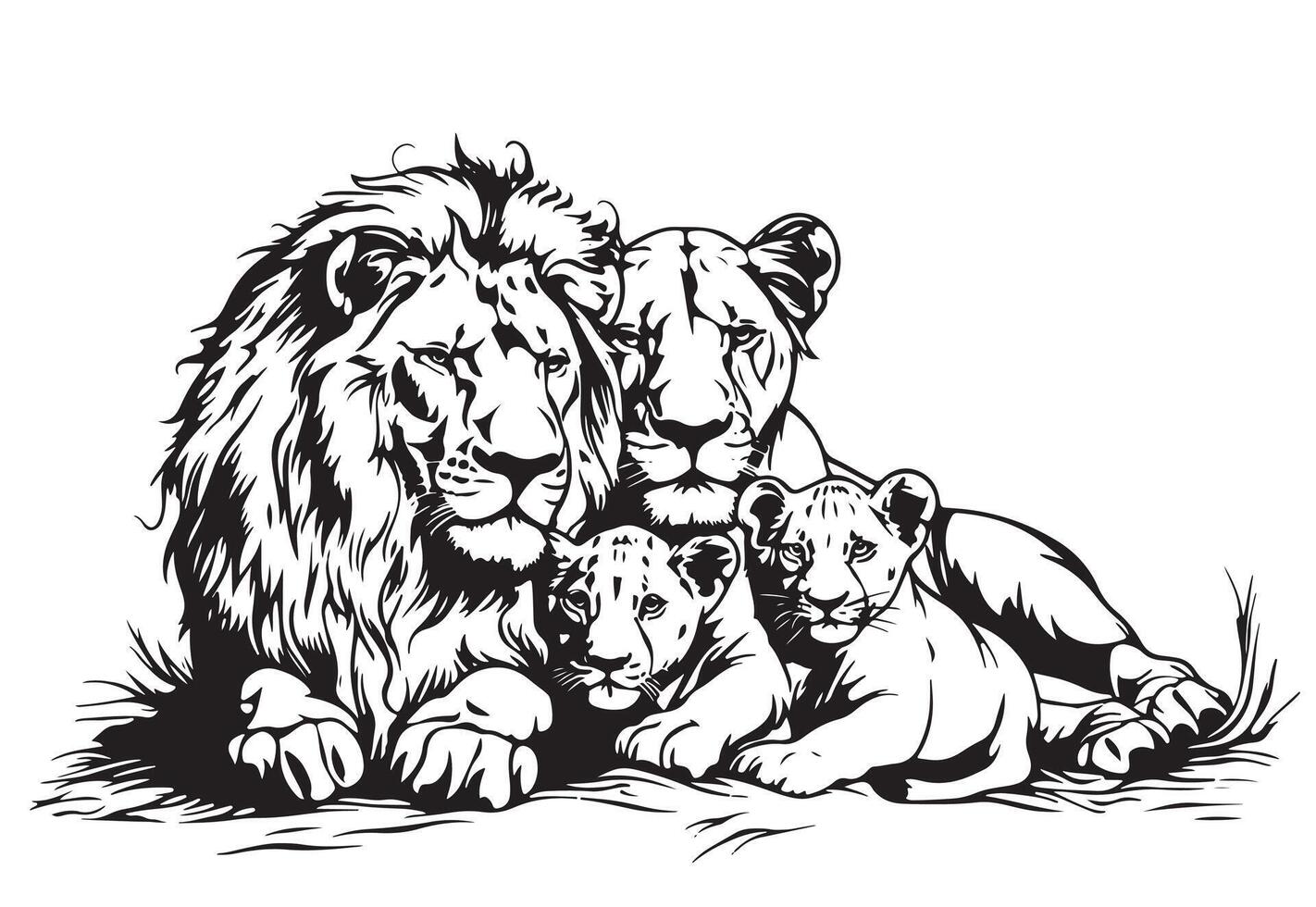 Animals set. Lion family lion and cub. Sketch. Engraving style. illustration. vector