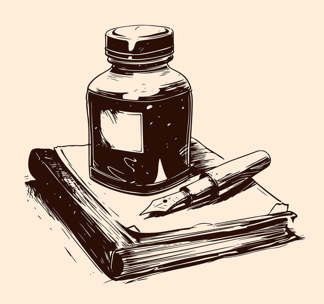 Beautiful hand drawn vintage pen and inkwell Illustration. Detailed retro style image. Sketch element for labels and cards design. vector