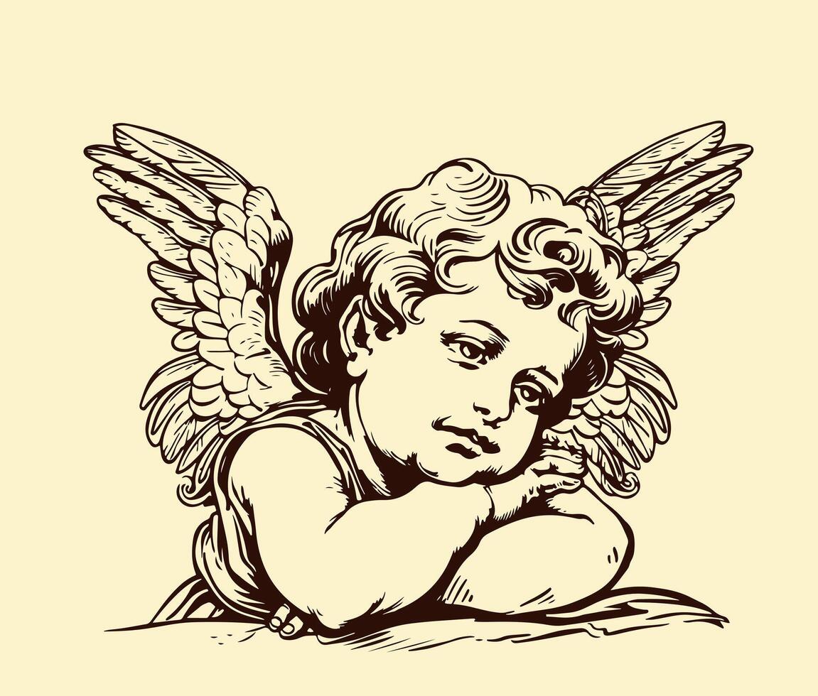 Baby angel line drawing. Isolated white background. Cherub wings. vector