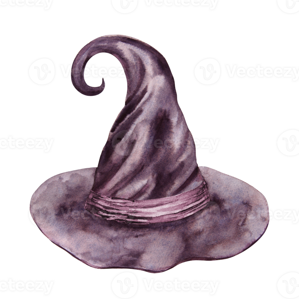 Black hat of witch, magician. Gothic vintage attribute of mysticism, magic, astrology. Symbol of Halloween, Sabbath, carnival, theme party. Watercolor hand drawn cut out and isolated clipart png