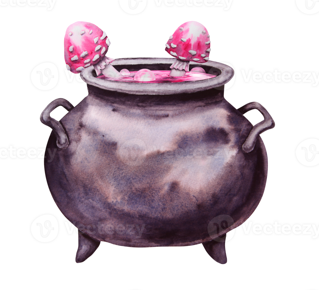 Black cast iron cauldron with pink potion and mushrooms, fly agaric. Esoteric attribute of a witch, sorcerer. Clipart for Halloween, Sabbath, theme party. Watercolor hand-drawn illustration png