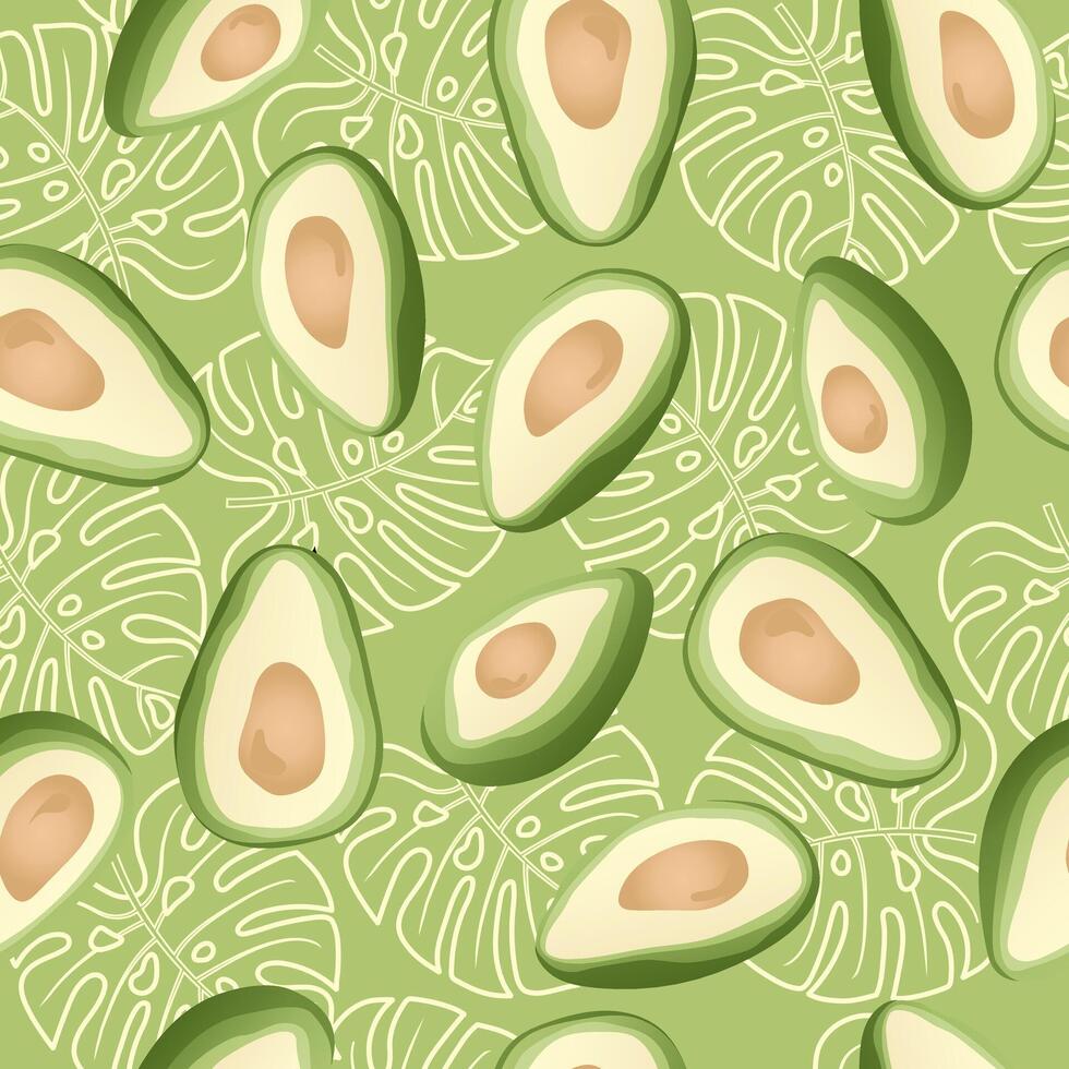 Seamless pattern with hand drawn avocado slice on green background. Design for fabric, kitchen decor, wallpaper. vector