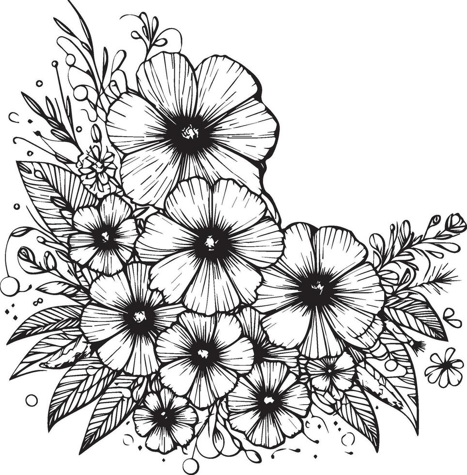 illustration of a font view Cosmos flower in hand-drawn botanical summer elements natural collection, Cosmos line art for coloring page, cosmos flower outline, Cosmos black tattoo vector