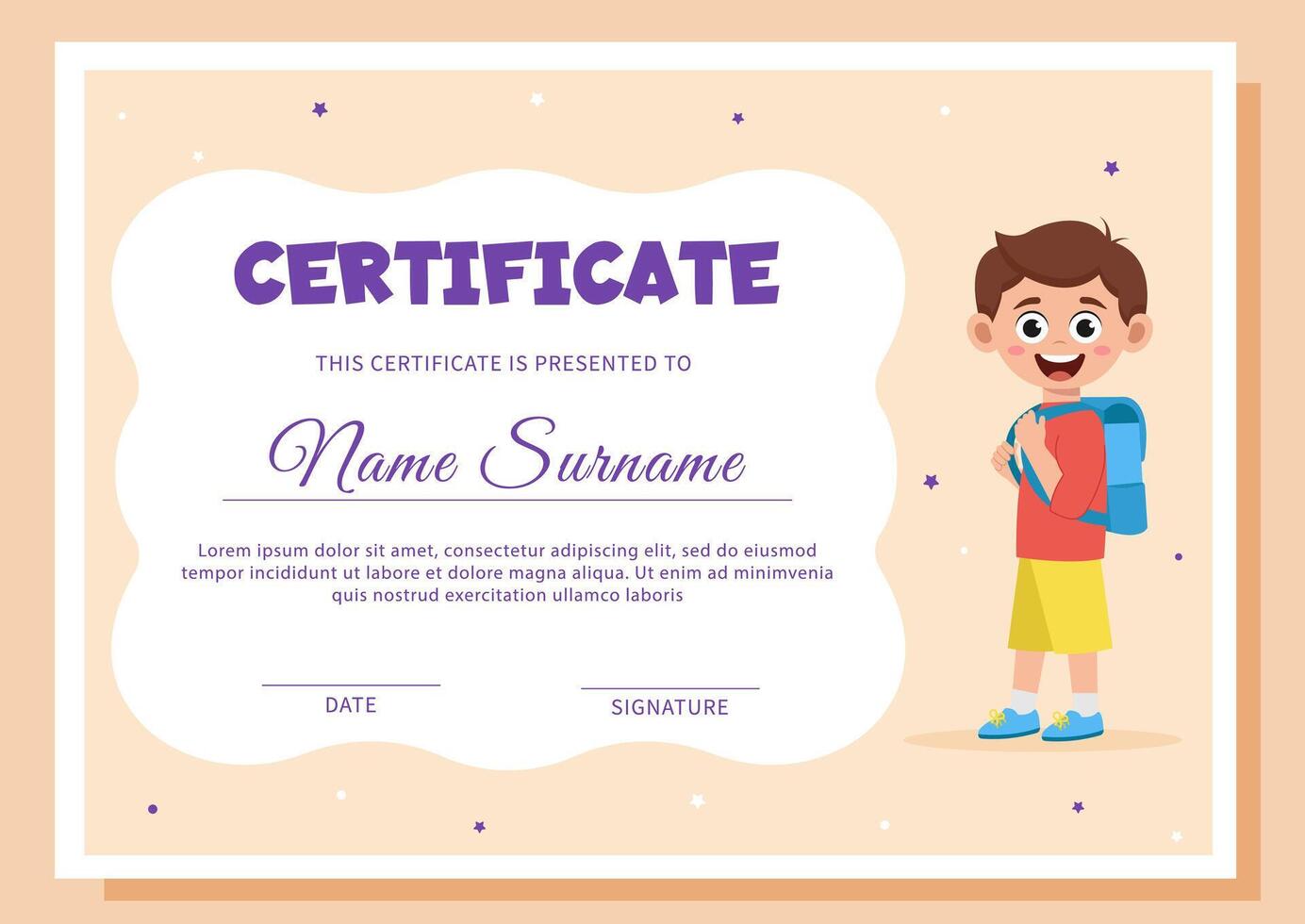 School diploma, certificate template with schoolboy. vector