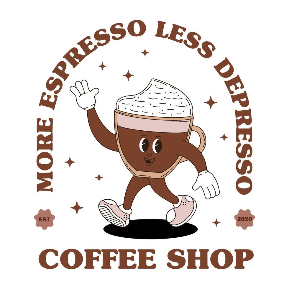 Retro logo mascot with coffee. Groovy food mascot for coffee shop, cafe menu and more. vector