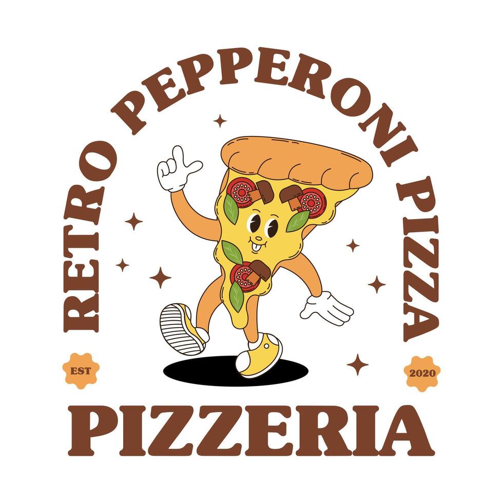 Retro logo mascot with pizza. Groovy food mascot for pizzeria, bistro, pub, cafe menu and more. vector
