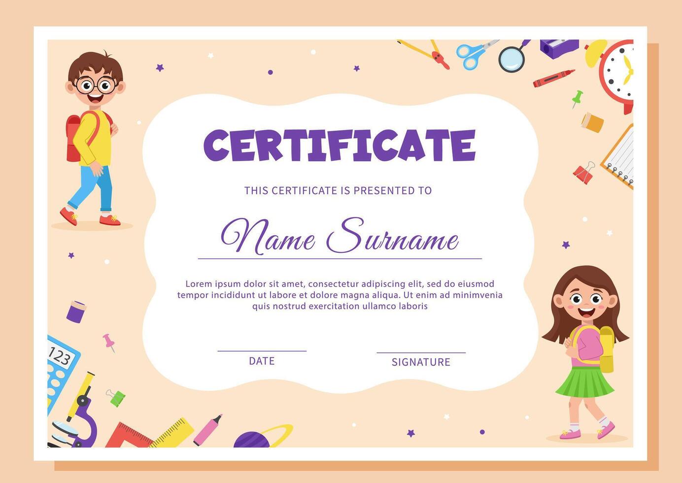 School diploma, certificate template with school supplies and schoolchildren. vector