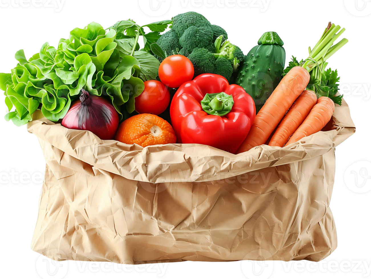 Isolated Fresh Vegetables in Paper Bag on Transparent png