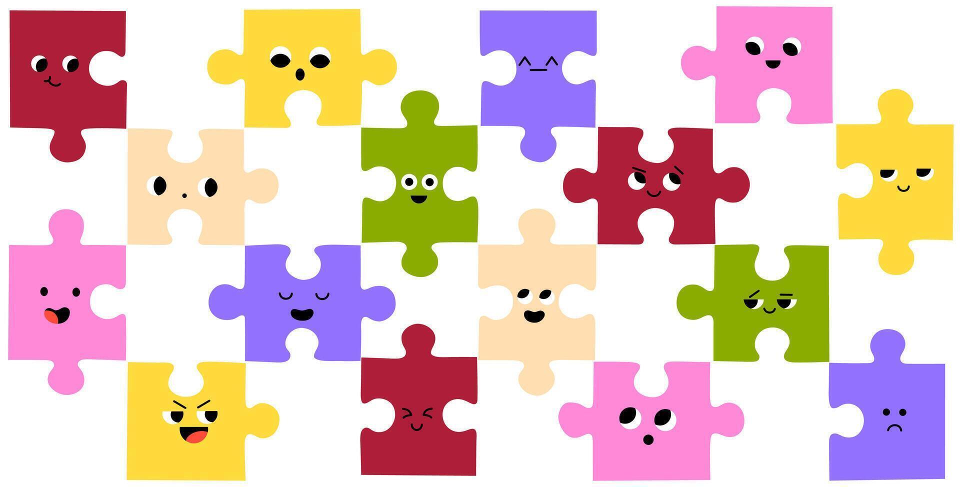 Abstract Puzzles with Faces. Various Emotions. Different colored characters. Cartoon style. Flat design. Hand drawn trendy illustration. vector