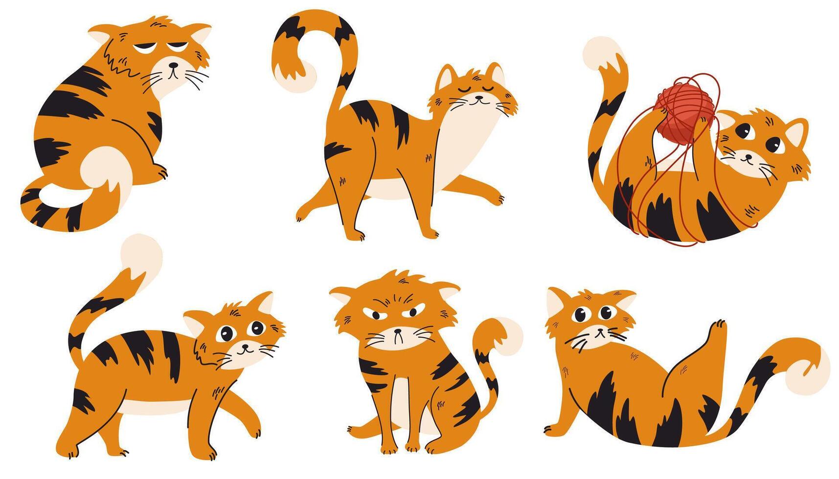 Cat poses. Cartoon red fat striped cats emotions and behavior. Animal pet kitten playful, sleeping and scared. Cat body language set. Hand draw Illustration pet cat vector