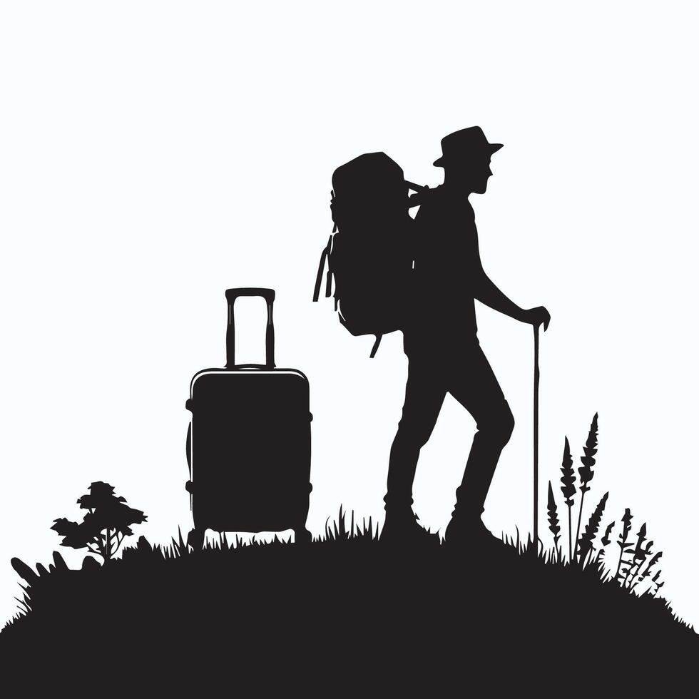 Man Hiking in the mountain silhouettes vector