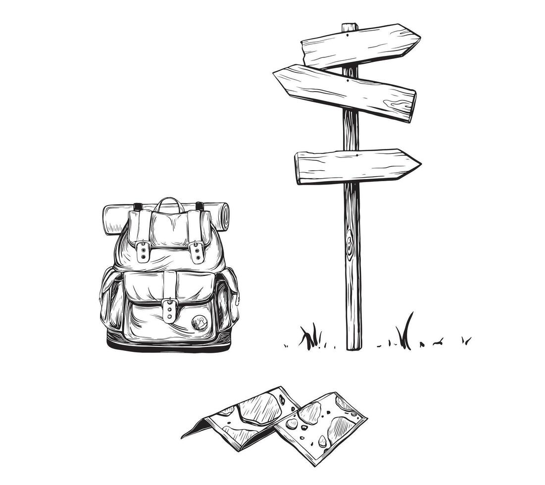 Hand drawn retro paper Hikers map for exploring, landscape with camp. Signpost wooden and Backpack sketch for adventure or tourism trip on isolated background. ink illustration wood pointer way vector