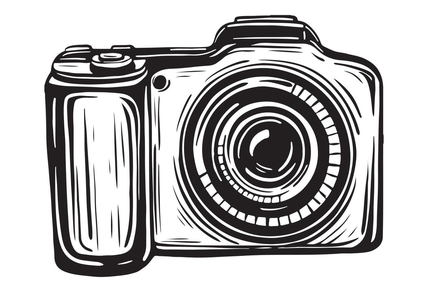 Camera engraving black and white outline. Vintage ink Hand drawn drawing sketch camera line art, illustration background vector