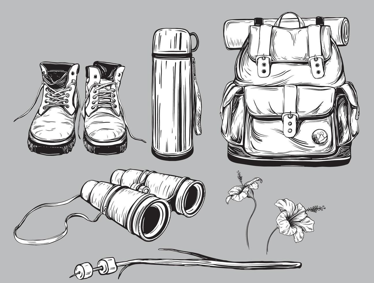 Camping clipart Backpack and binocular. Tourist set of illustrations in ink linear style Thermos and fried marshmallow. Black Hiking boots for tourism trip or hiking. Flowers hibiscus isolated vector