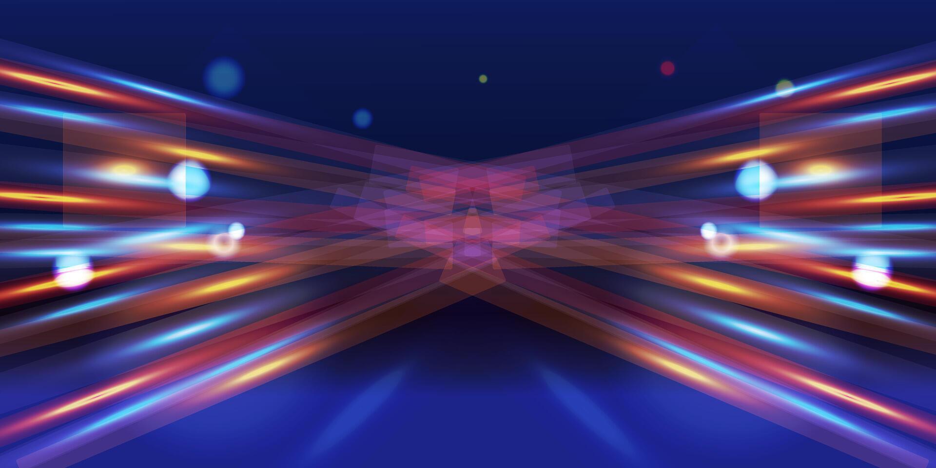 Abstract colorful light streaks with bokeh effects on a dark blue gradient background vector