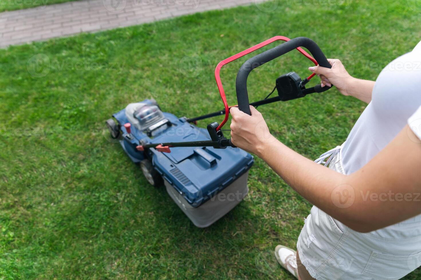 This image captures someone mowing their lawn with a push lawn mower. The person is holding onto the handle, guiding the mower over a well-maintained grassy area. photo