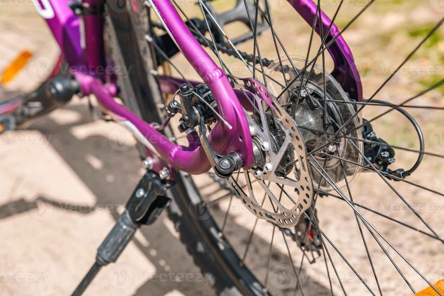 Focuses on the rear wheel of a bicycle. Bike disc brake system, which provides strong stopping power, essential for mountain or off-road biking. The thick tread on the tire is visible. photo