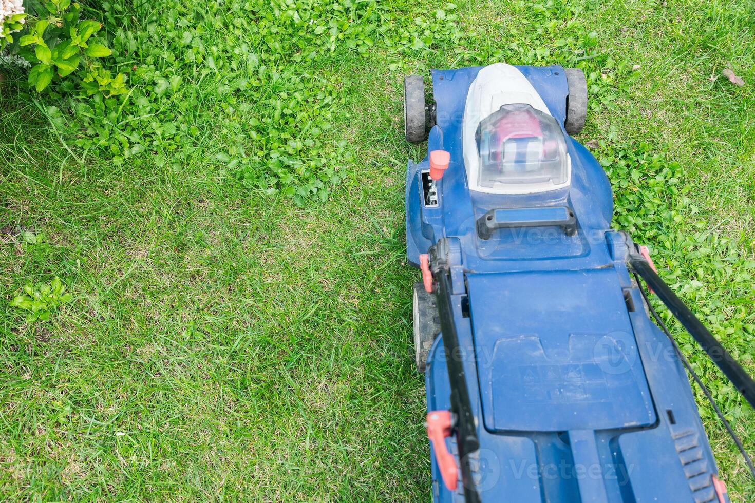 Lawn mower on a grassy lawn. Push mower with a grass collection bag attached to the back. Grass to a consistent height, providing a neat and uniform lawn appearance. photo