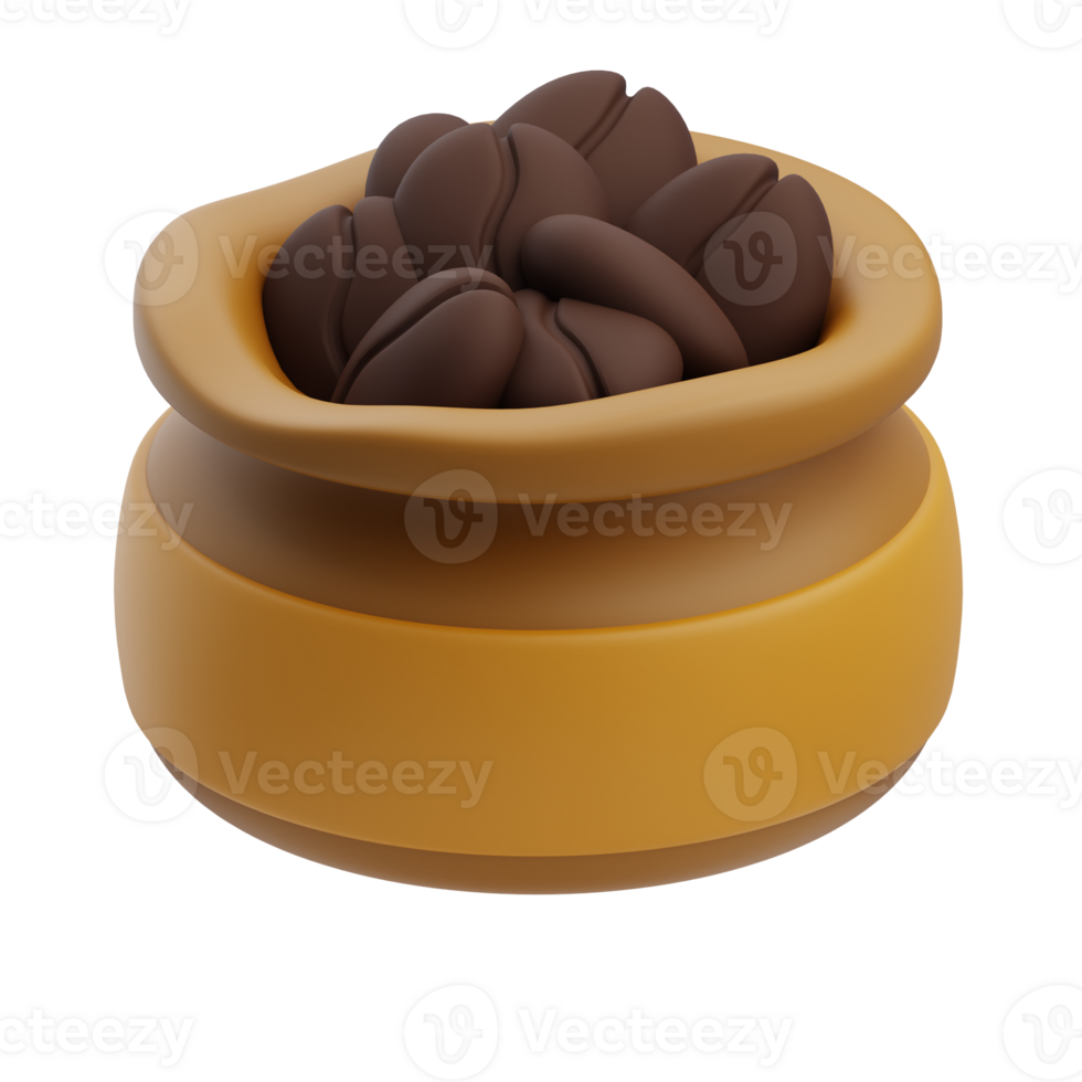3D Coffee Beans Bag in Wooden Bowl png
