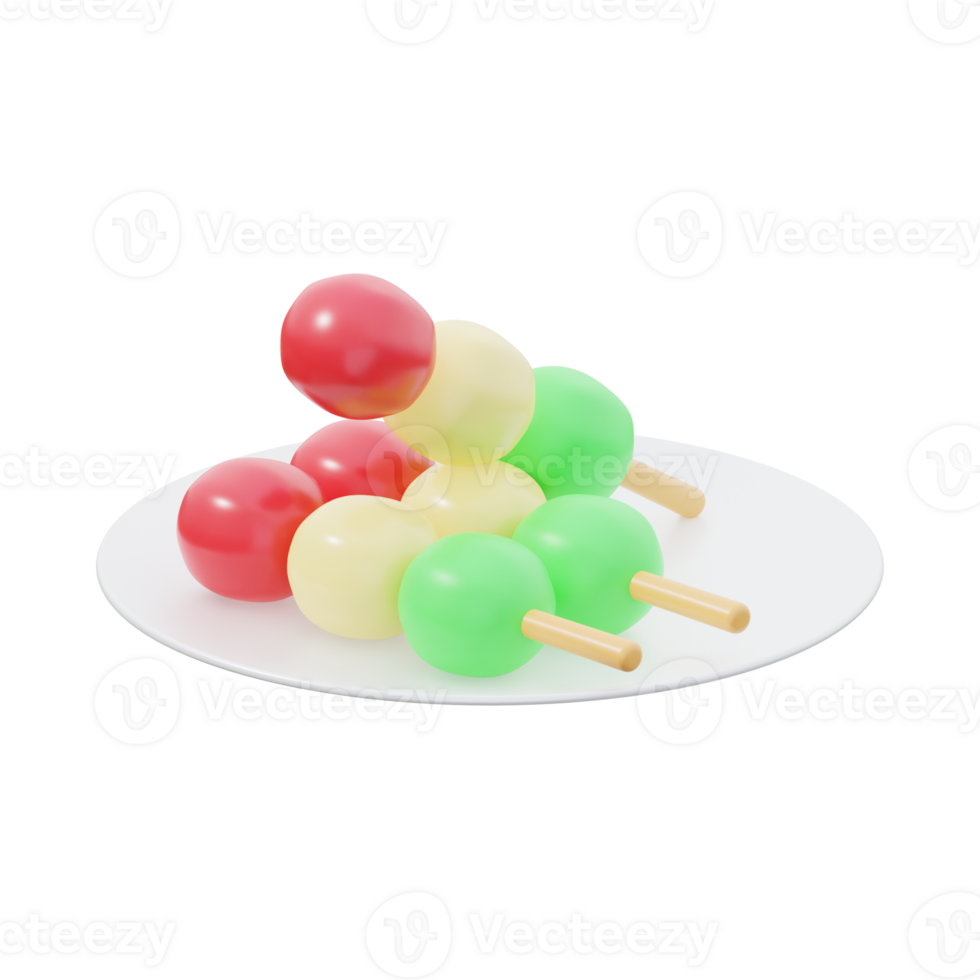 3D Traditional Japanese Dango Skewers On Plate png