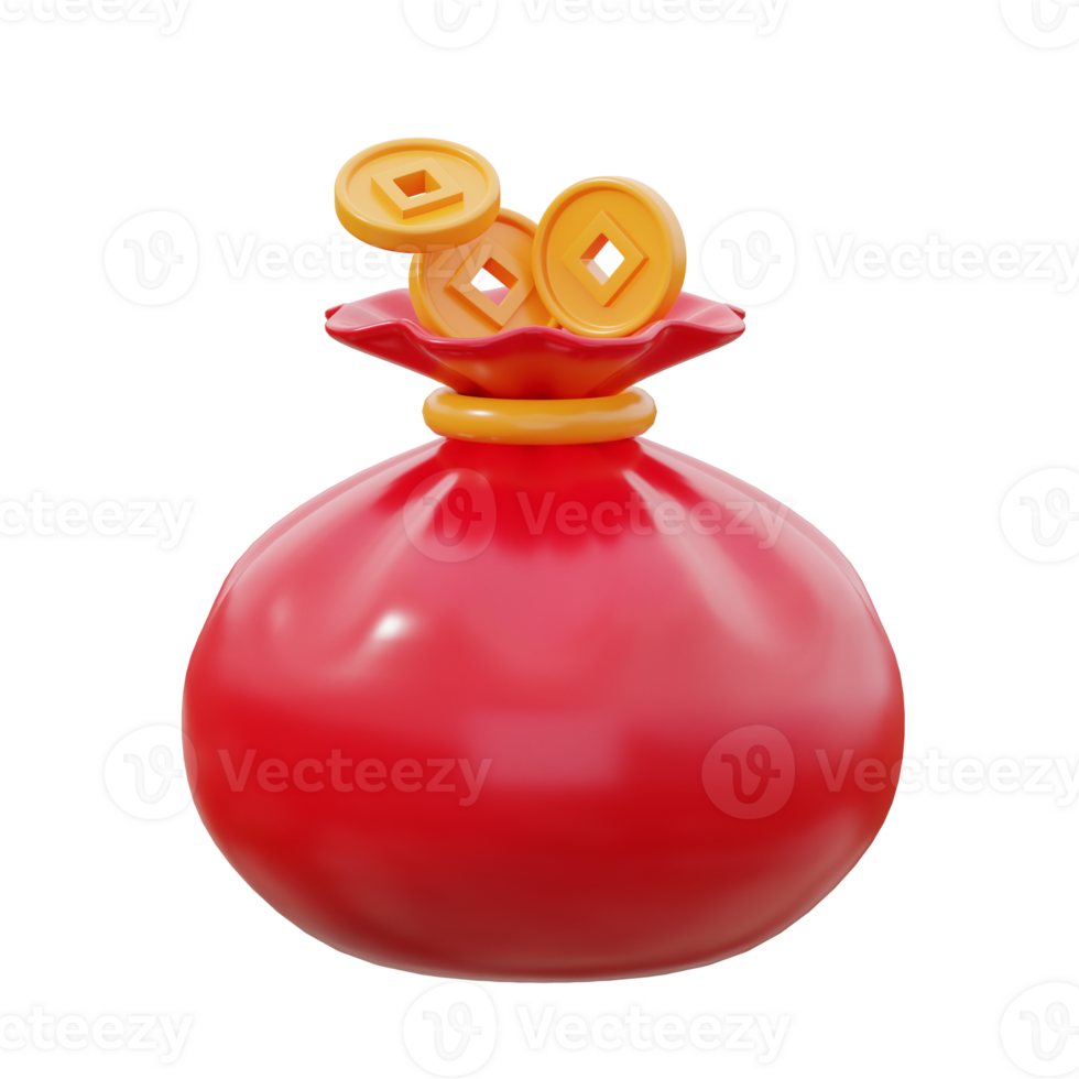 3D Chinese Lucky Red Bag With Coins png