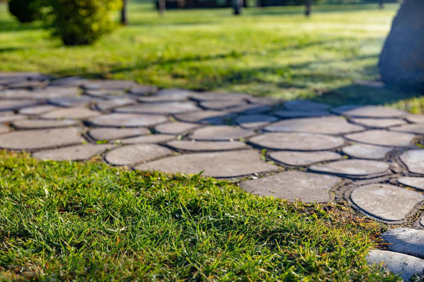 Beautiful garden path made of irregular, natural stones. The path winds through a lush, green lawn. The path is well-maintained, and the grass is trimmed evenly. Landscape design. photo