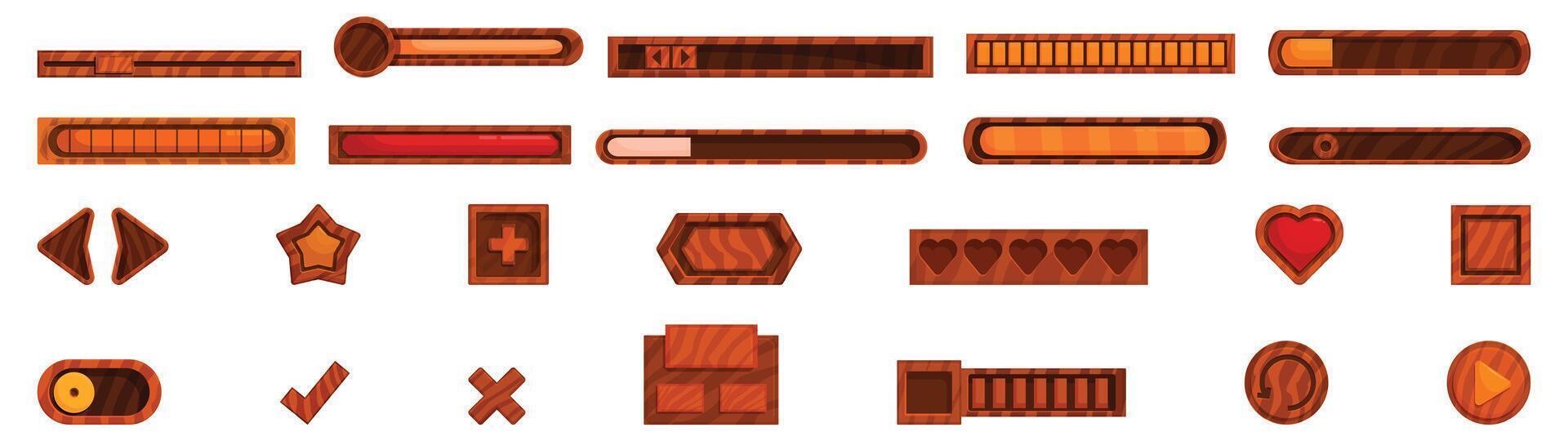 Wooden progress bar icons set. Wooden game asset collection featuring progress bars, buttons, and icons vector