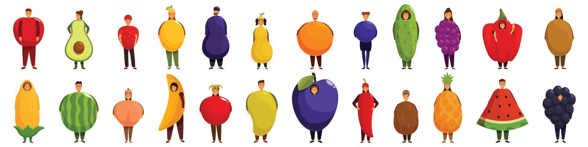 Party costumes fruits icons set. People wearing giant fruit and vegetable costumes promoting healthy diet vector