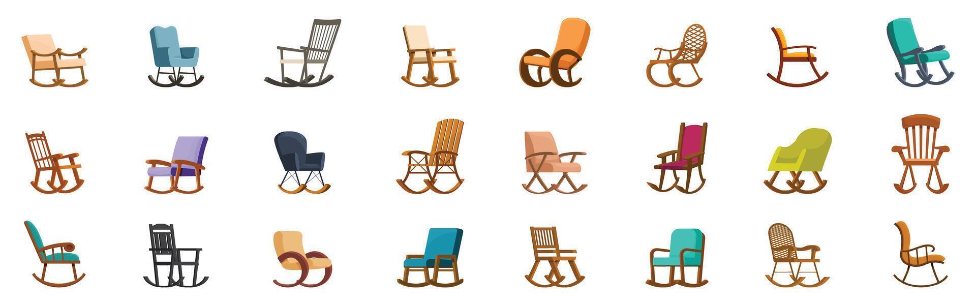 Rocking chair icons set. Rocking chairs collection showcasing diverse styles and comfort for relaxation vector