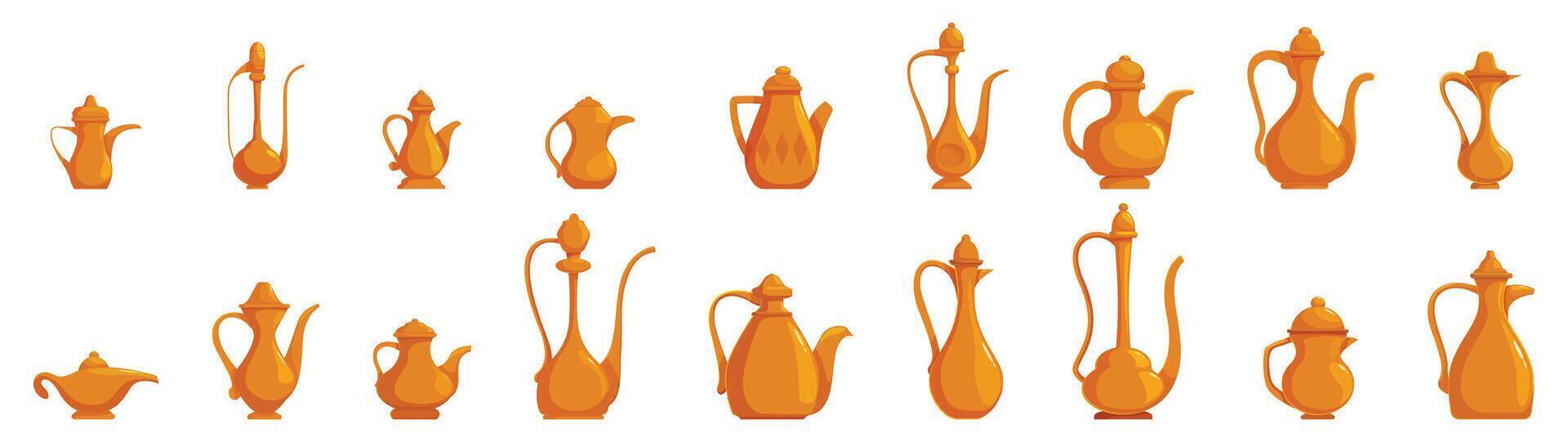 Old arabic teapot icons set. Collection of various shaped golden arabian coffee pots and magic lamps vector