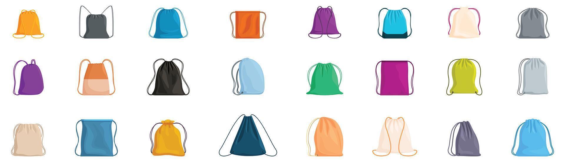 Drawstring sack icons set. Colorful drawstring bags collection offering versatile storage and style vector