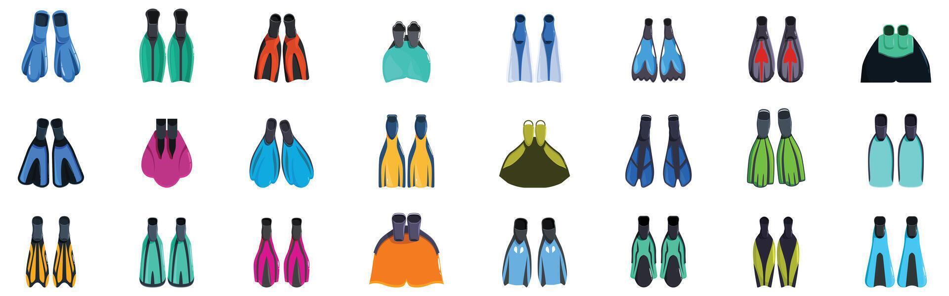 Scuba flippers icons set. Colorful diving fins for underwater exploration and snorkeling adventures vector