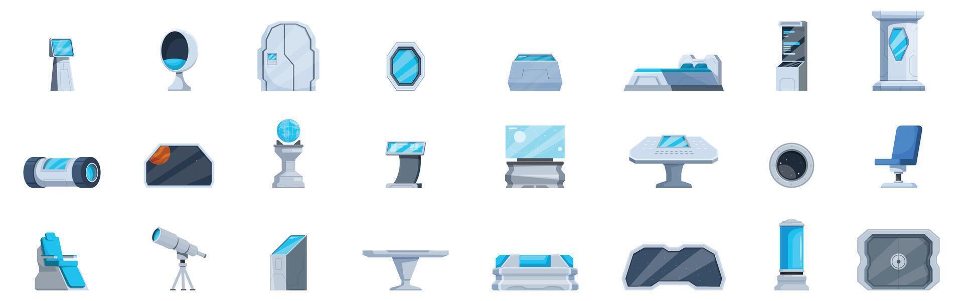 Spaceship interior icons set. Spaceship futuristic interior objects showing modern technology for space travel vector