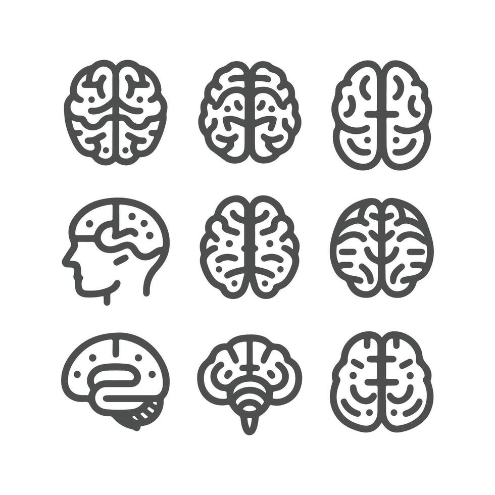 Trendy Minimalist Brain Icon Set- Line Art Symbol Collection vector