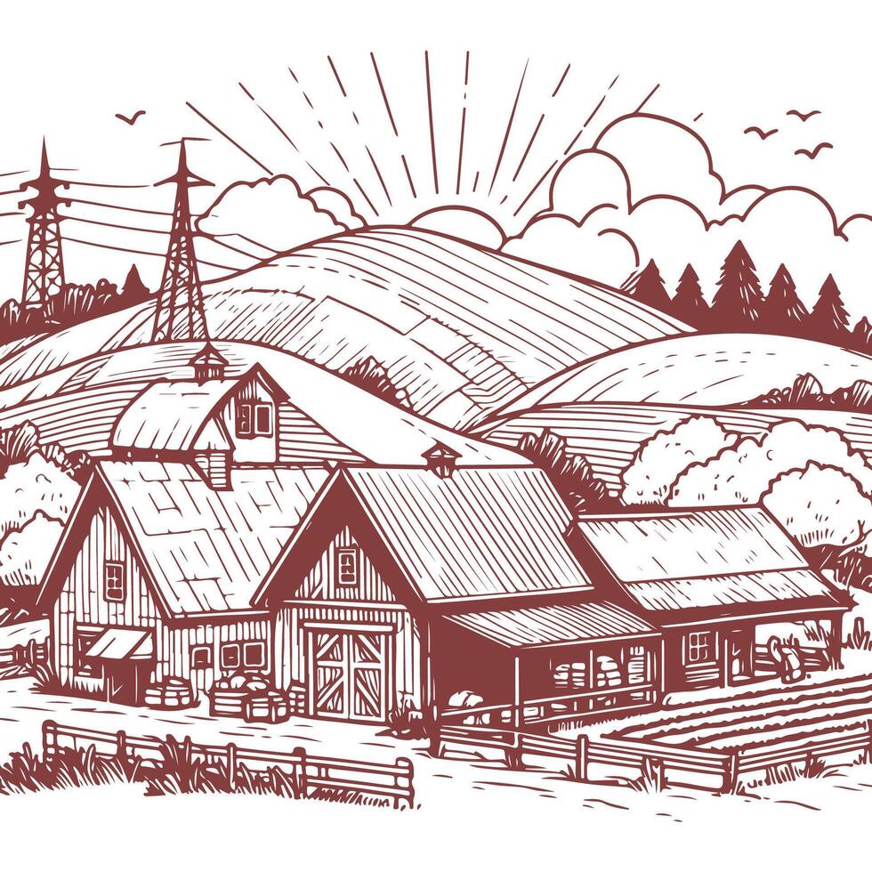 Timeless Vintage Farm Sketch with Rolling Hills and Rustic Charm vector