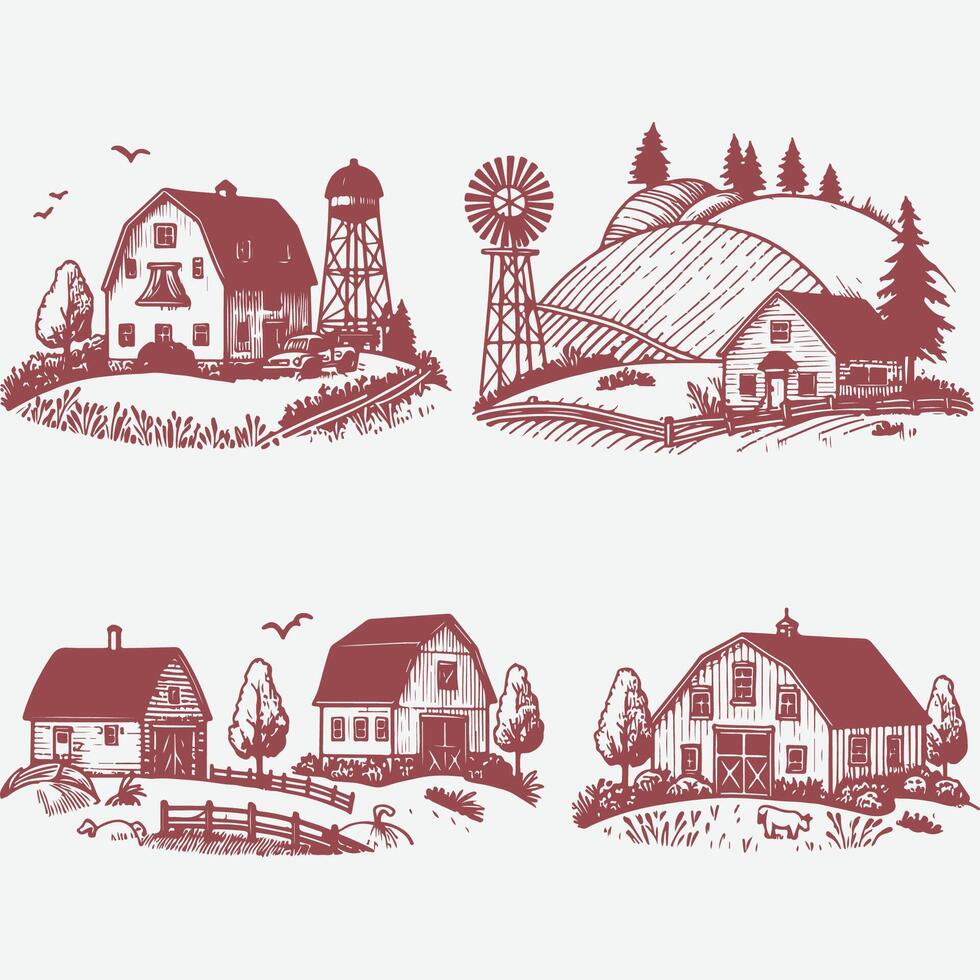 Vintage Hill Farm Hand-Drawn Sketch Collection vector