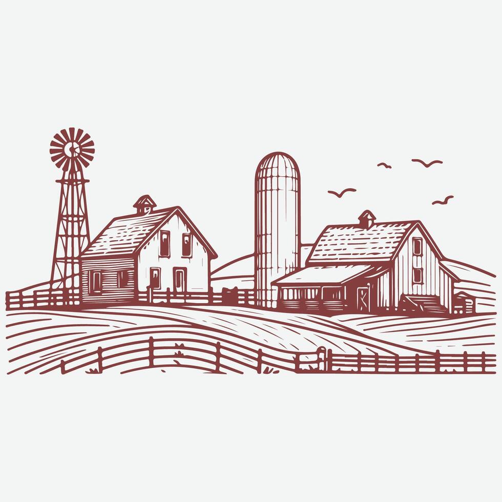 Vintage Countryside Farm Sketch with Rolling Hills vector