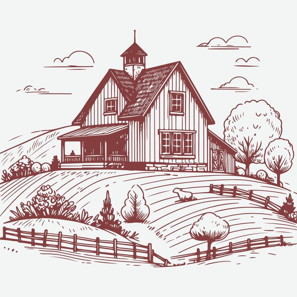 Classic Hand-Drawn Farm Scene vector