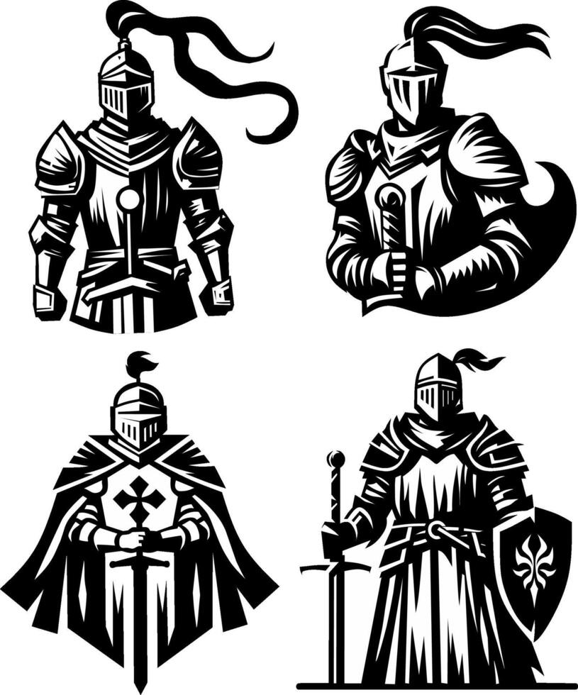 A set of four detailed medieval knight illustrations, each armored in traditional full plate armor, holding swords and shields, showcasing powerful stances and heroic medieval design vector