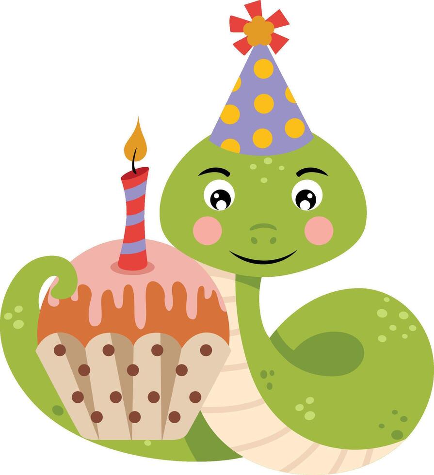 Happy birthday green snake with cupcake vector