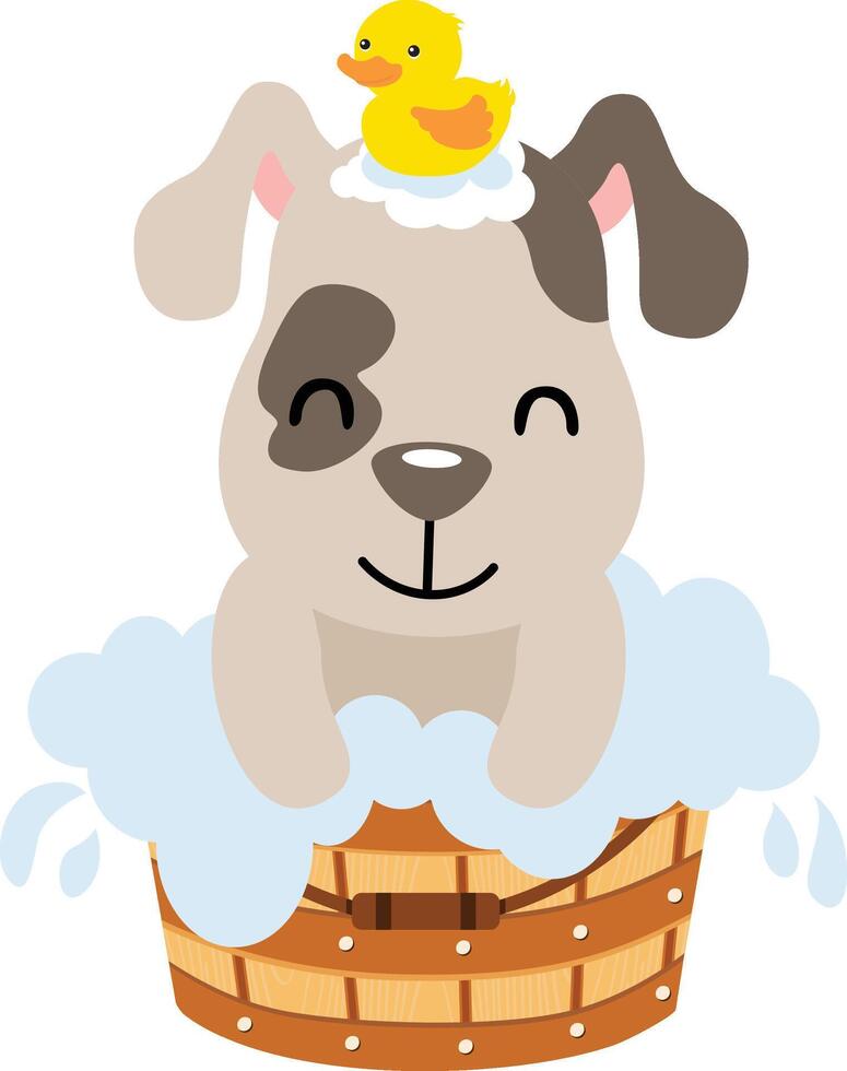 Cute dog taking a bath in wooden tub vector