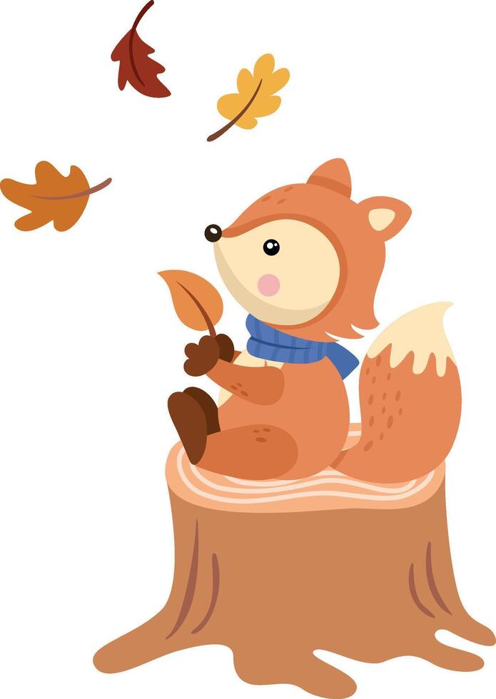 Autumn fox playing with leaves on top of tree trunk. vector