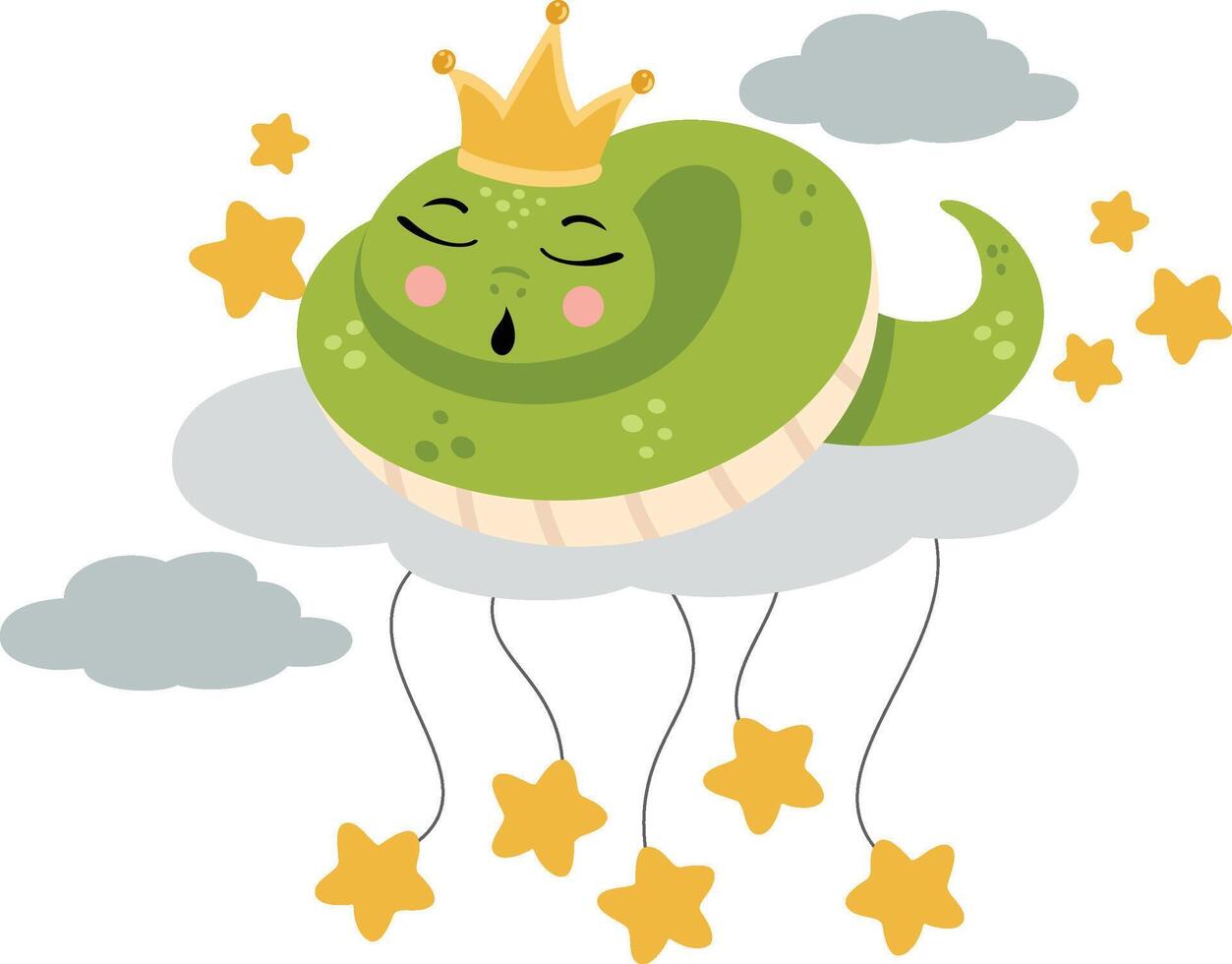 Cute snake with crown sleeping on cloud with stars vector