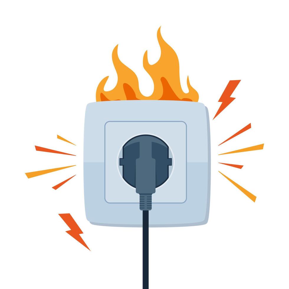 Socket and plug on fire from overload. Electrical safety concept. Short circuit electrical circuit. illustration. vector