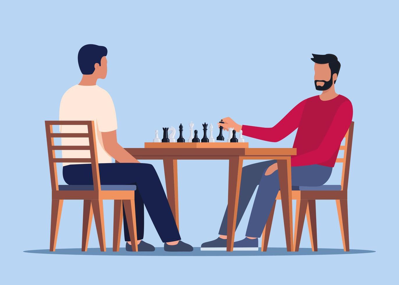 Men playing chess at game board at table. Chessboard players competitors, two rivals at international tournament, competition, match. illustration. vector