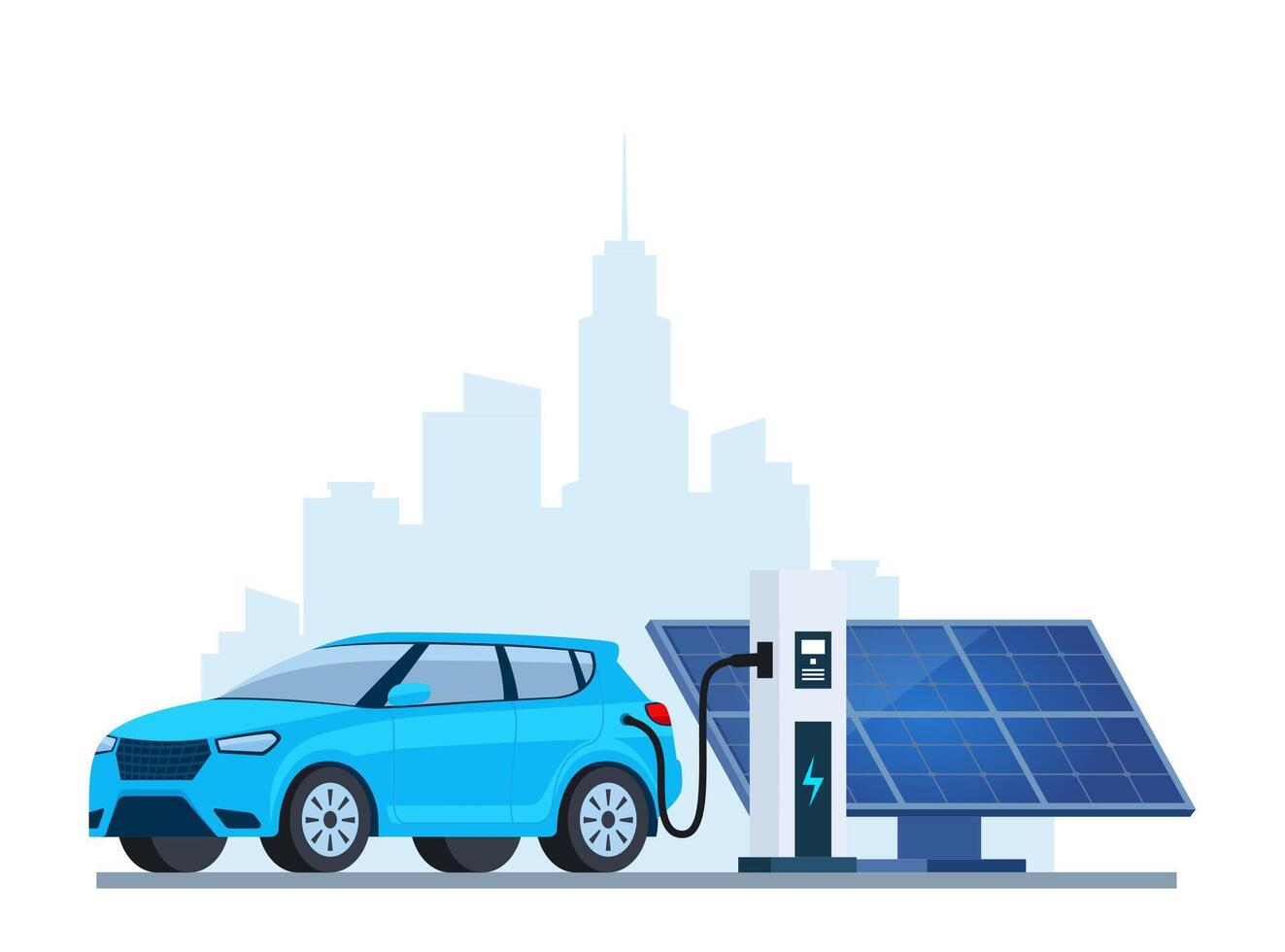 Electric car charging, side view. Solar panel. Modern urban landscape with high-rise buildings skyscrapers. Ecologically clean transport, eco-city. illustration. vector