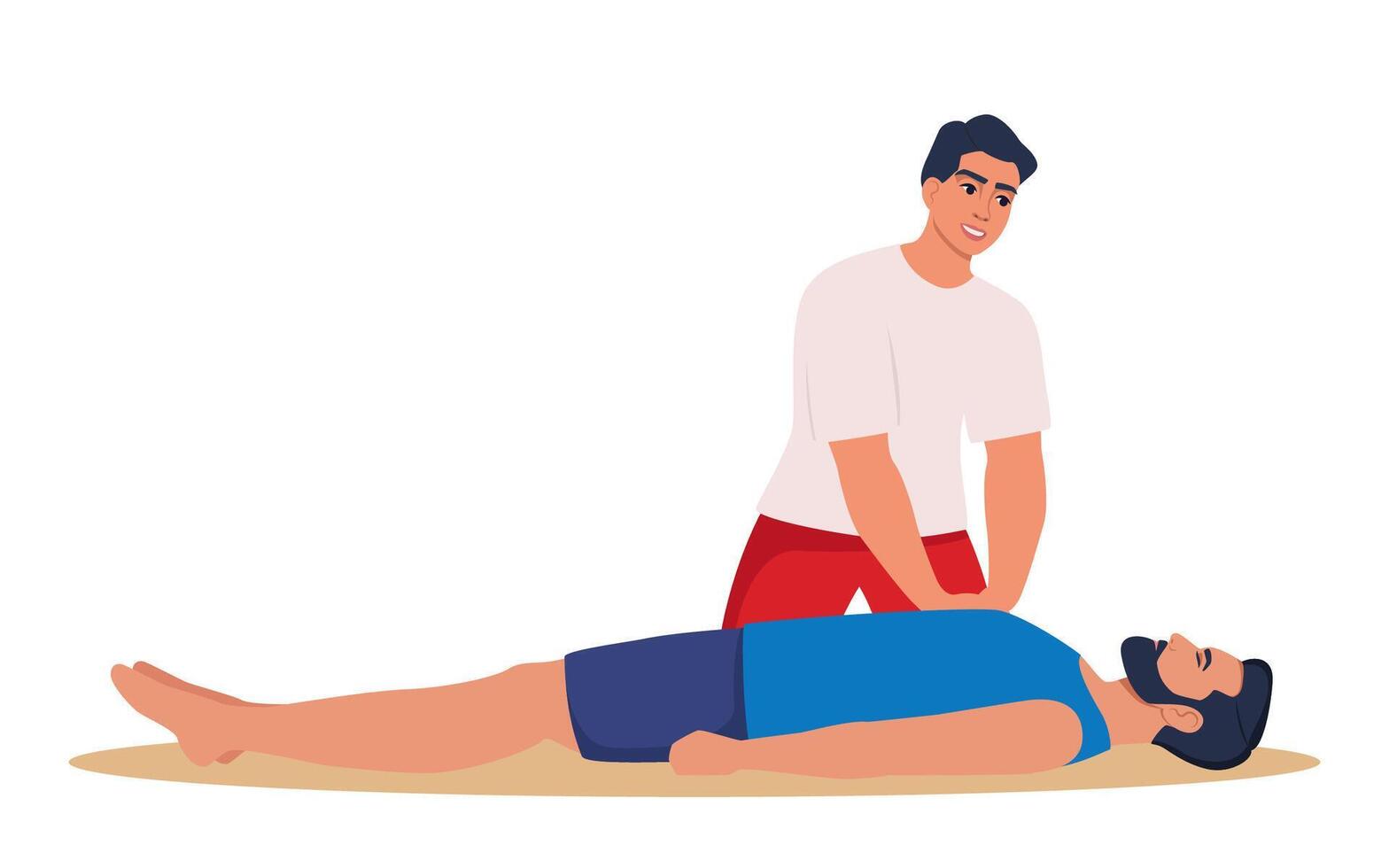 Beach lifeguard performs indirect heart massage to drowning man rescued from the water. Emergency drowning assistance situation. Cardio Pulmonary Resuscitation. . vector