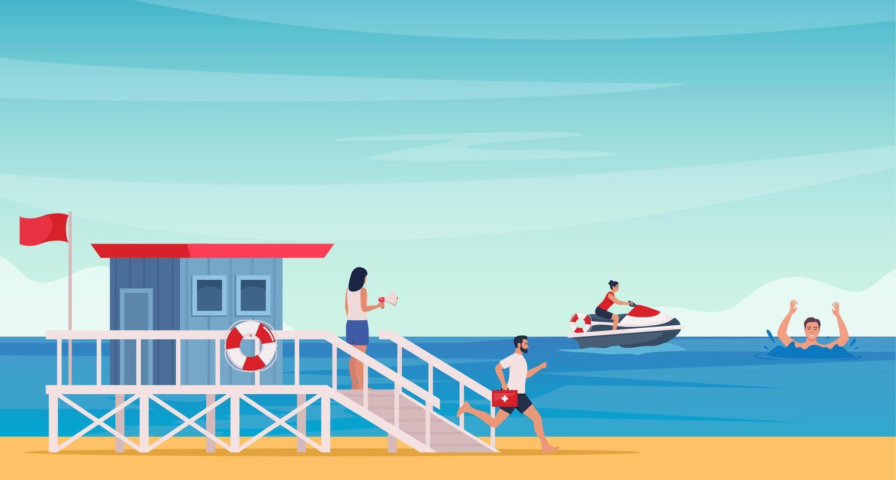 Beach lifeguard drives water scooter, rushing to save a drowning man. Lifeguard tower on the beach. Rescuers provide emergency aid, lifesaving. illustration. vector