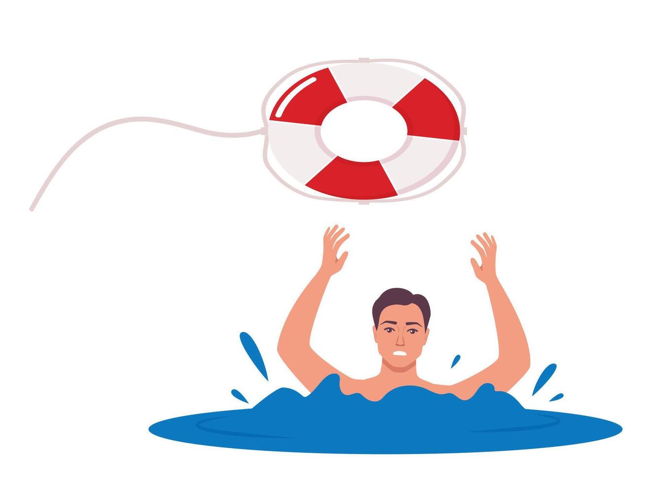 Drowning man sticking out of the water trying to catch lifebuoy. Safety and urgent help. Rescue on water. Giving lifebuoy to drowning man. illustration. vector